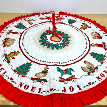 Vintage 1970s Christmas Tree Skirt, Red White Green "Joy" "Noel" Quilted Skirt w/ Ruffle, Retro Farmhouse Holiday Decor 