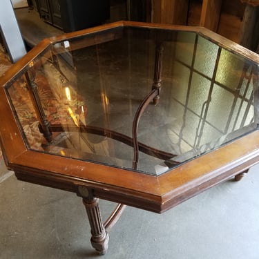 Vintage Octagonal Glass Top Wood Coffee Table H16.75 x W35.75 x D35.75