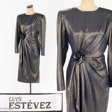 1980s Black & Gold Evening Dress | 80s Black Snake Embossed Party Dress | Medium | Luis Estévez | Medium 
