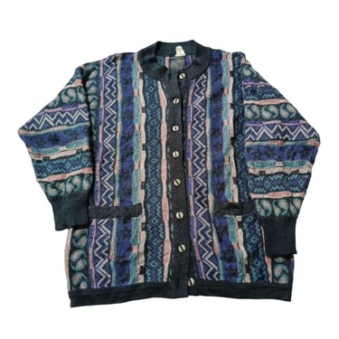 Vintage 90's Coogi Style Cardigan Sweater for men | 3D Multicolor Button Up Jumper |  Knit Sweater | Retro Stripe Pattern 