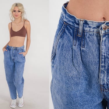 Pleated Mom Jeans 90s Tapered Jeans High Waisted Rise Denim Pants Retro Streetwear Blue Paper Bag Jeans Vintage 1990s Bill Blass Small S 28 