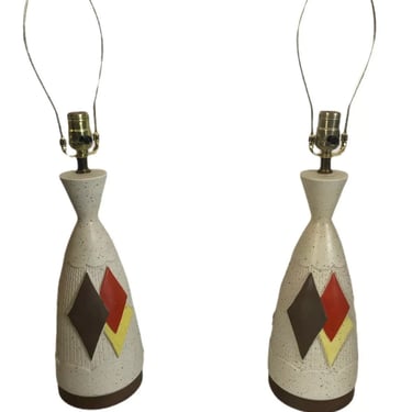 Mid century modern pair diamond table lamps atomic 1950s 60s kitsch brass ceramic 