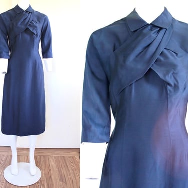 1950s Tailored Blue Rayon Wiggle Dress - Vintage Semi Formal Collared Day Dress - Tailored Junior 