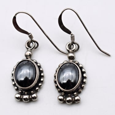 Vintage 5 Star sterling hematite goth dangles, edgy oval steel gray cab beaded 925 silver earrings 
