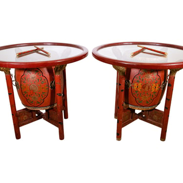 Pair of Early 20th Century Chinese Polychrome Gilt Decorated Red Drum Tables 