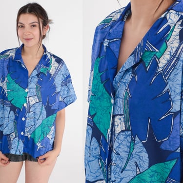 Blue Tropical Blouse 90s Button Up Shirt Leaf Print Top Summer Short Sleeve Hawaiian Botanical Surfer Vintage 1990s Large Petite 