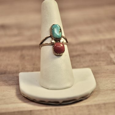 Native American Royston Turquoise & Red Coral Sterling Ring Purchased circa 1960s Ring Signed NEF Old Pawn Gift for Her Old Pawn Navajo 