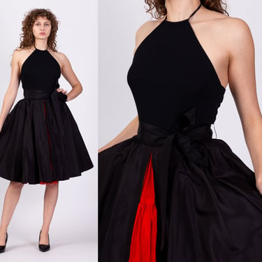 Vintage Elizabeth Courtney Black Fit Flare Party Dress - Medium | 70s Does 50s Midi Formal Halter Costume Gown 