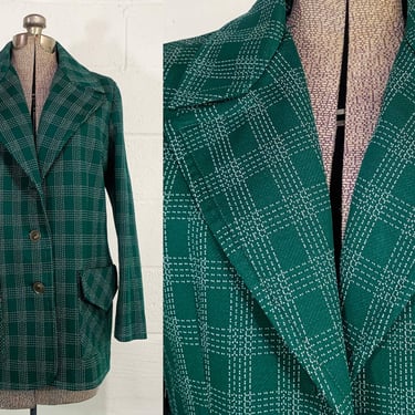 Vintage Forest Green Lightweight Jacket Cardigan Blazer Coat Plaid White Long Sleeve Button Front Mod Large XL 1970s 