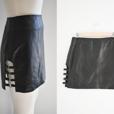 1990s Black Leather Mini Skirt with Side Cutouts 
