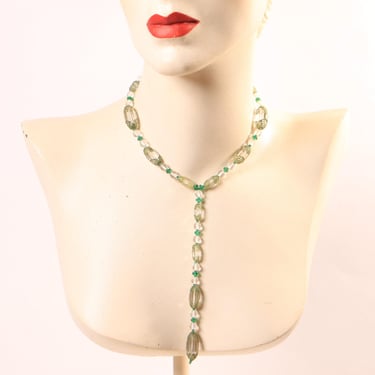1930s Clear Glass and Green Floral Etched Art Deco Drop Chain Necklace 