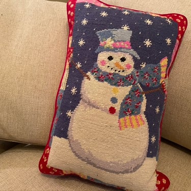 Vintage Handmade Snowman Pillow, Christmas Holiday Pillow, Winter Snowman, Snowy Winter Scene, Red Velvet Backing 
