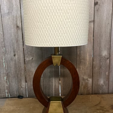 Unique Wood and Brass Table Lamp with Quilted Shade 25.5” X 12” X 9”
