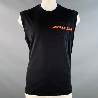 VERSUS by GIANNI VERSACE Size XXL Amore Please Black Orange Embroidery Cotton Cutoff Sleeves T-shirt