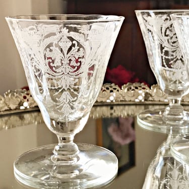 5 Etched elegant glass Oyster cocktail glasses Morgantown Milan floral crystal stemware dessert cups 