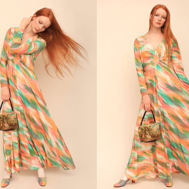Vintage 1970s 70s Tequila Sunrise Sunset Pastel Long Sleeve Flowing Evening Gown Dress 