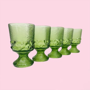 Vintage Wine Glasses Retro 1970s Mid Century Modern + Textured + Green + Goblets + Set of 5 + Drinkware + MCM + Home and Bar Decor 