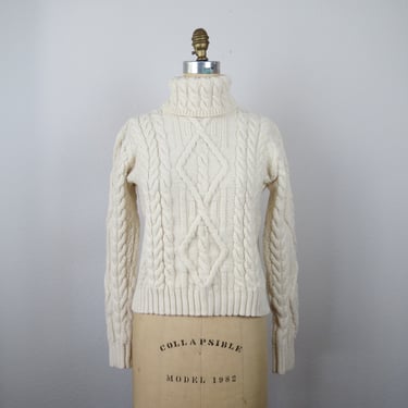 Vintage wool cable knit fisherman sweater, Irish kit, turtle neck, pullover, small, medium 