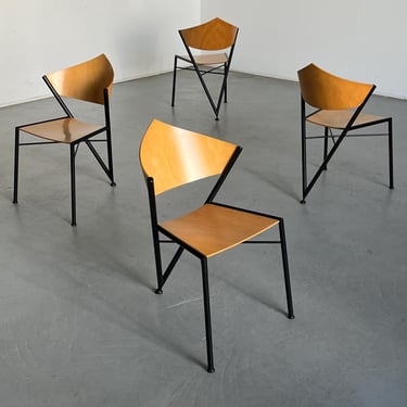 Set of 4 Postmodern Metal Framed Plywood ‘D-Tec’ Chairs, Sculptural Memphis Geometrical Design, 1980s Italy 