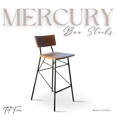 Mercury Bar Stool - Solid Wood Stool at Counter or Bar Height - Industrial, Rustic, Minimalist Bar Stool with Steel Frame 