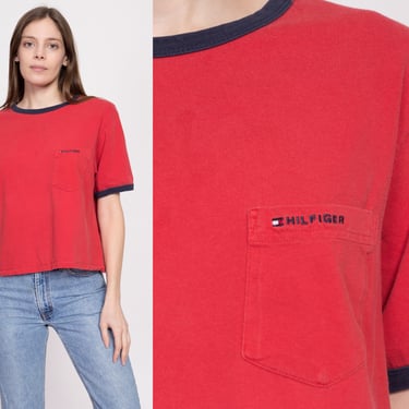 90s Tommy Hilfiger Crop Top One Size | Vintage Red Cropped Ringer Shirt 