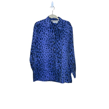 Vintage Spiegel Silk Blue Leopard Print Button Down Blouse, Size Large 