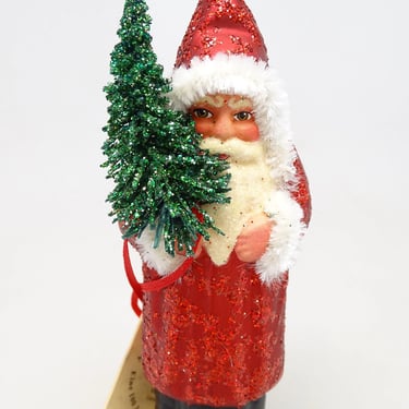 Vintage Hand Made German Ino Schaller Signed Belsnickle Santa with Faux Feather Christmas tree, Vintage Paper Mache Reproduction 