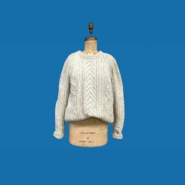 Vintage Fisherman Sweater Retro 1990s Shab Liang + Hand Knit + Pure Wool + Light Grey + Beige + Cable Knit + Crew Neck + Unisex Apparel 