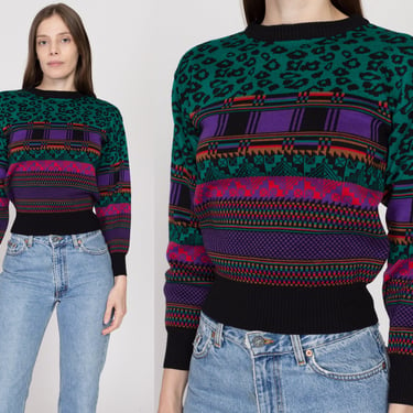 XS 80s Meister Cropped Ski Sweater | Vintage Abstract Wool Blend Knit Winter Pullover Jumper 
