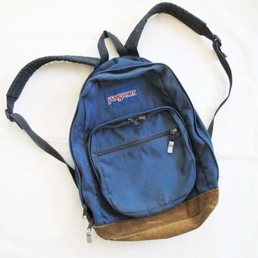 Vintage 90s Navy Blue Jansport Backpack Brown Leather Bottom 