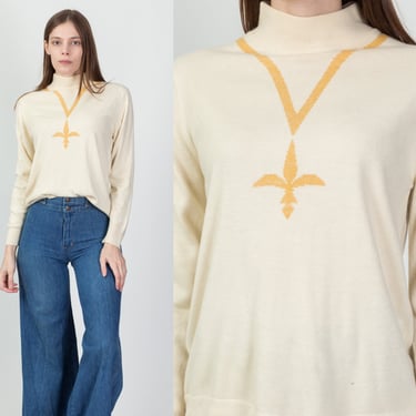 70s Fleur De Lis Mockneck Knit Top - Large | Vintage Long Sleeve Sweater Shirt 