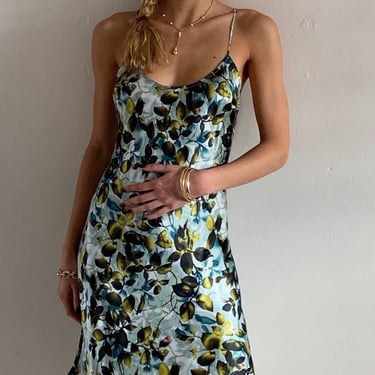 90s silk charmeuse slip dress / vintage blue olive green watercolor floral liquid silk charmeuse backless button slip dress | Small 