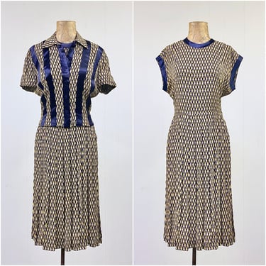 Vintage 1940s Rayon Dress w/ Matching Jacket, Novelty Print Two Piece Set, Doris Dodson Original, Size Small, Mint Condition, VFG 