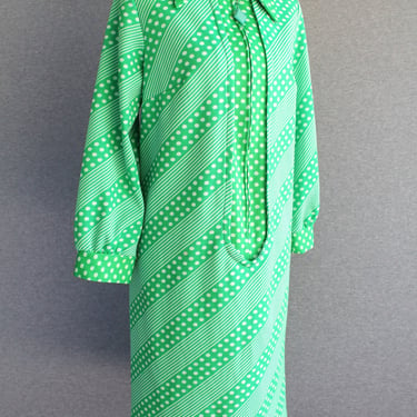 1960-70s - Spring Green - Polka Dot - Zip Front -  Sheath - Day Dress - Estimated size 18 