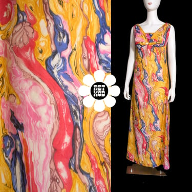Psychedelic Swirl Vintage 60s 70s Colorful Marbled Patterned Summer Maxi Dress 