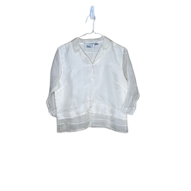 Willi Smith White Silk Organza Sheer Tiered Embroidered Beaded Button Up Blouse, Size M 