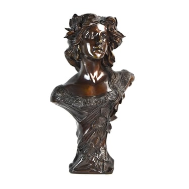 Large Art Nouveau Bronze Bust of Beautiful Woman w Flowers in Hair 