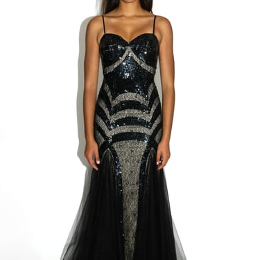 Black Paneled Spiderweb Sequin Tulle Gown