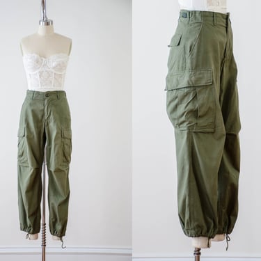 vintage military pants | 60s 70s army olive green ripstop poplin tropical combat cargo pants by Winfield 