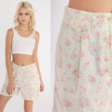 Ralph Lauren Floral Shorts Y2K Pale Yellow Pastel Pink Pleated Preppy Summer Shorts Trouser High Waisted Retro 00s Vintage Flowery Small S 