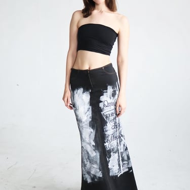 Vintage Italian Designer Splatter Painted Denim Maxi Skirt with Sequin Script Legatte Jeans 2000s Y2K Slit Low Waist Trompe L'Oeil 