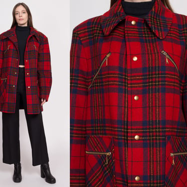 50s 60s Pendleton Red Plaid Wool Coat - Large | Vintage Four Pocket Snap Up Talon Jacket Warm Winter Jacket 