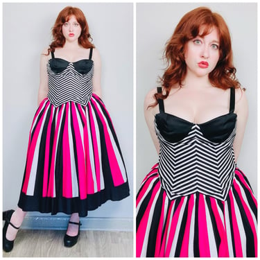 1980s Vintage Victor Costa Goth Striped Bustier Dress / 80s / Eighties Black and Pink Fit and Flare Party Dress / Small 