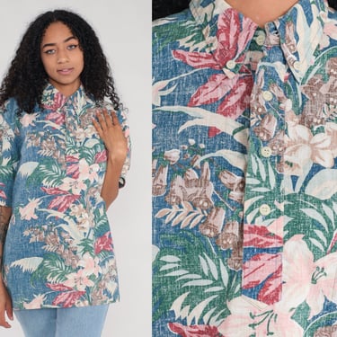 Faded Floral Shirt 90s Blue Reyn Spooner Shirt Beach Button Up Short Sleeve Flower Print Polo Vacation Surfer Vintage 1990s Large L 