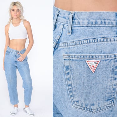 90s Guess Jeans High Waisted Rise Mom Jeans Straight Leg Retro Basic Plain Streetwear Blue Denim Pants Relaxed Ankle Vintage 1990s Small 28 