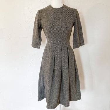 50s Gray and Black Striped Wool Fit and Flare Dress | Extra Small/Small 