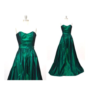 Metallic 80s Prom Dress XXS XS Green Strapless Ball Gown // Vintage Green Ball Gown Metallic Dress 