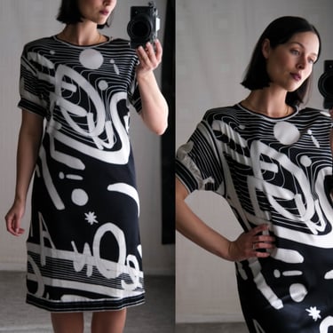 Vintage 70s LEONARD PARIS Black Cotton Short Sleeve Abstract Print Dress | Made in Italy | 100% Cotton | 1970s Designer Cotton Dress 