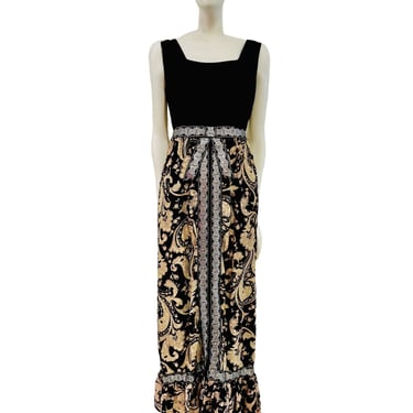 1960's Ivory and Black Paisley Empire Waist Evening Gown