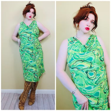 1990s Vintage Mlle Gabrielle Green Acid Print Dress / 90s Psychedelic Bias Cut Tank Dress / XL 